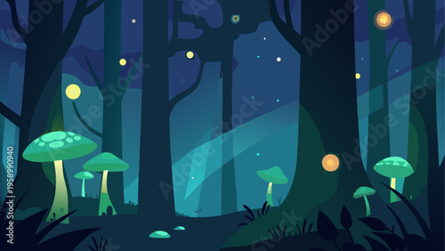 Glowing forest, mystical night scene, fantasy woods, vector illustration