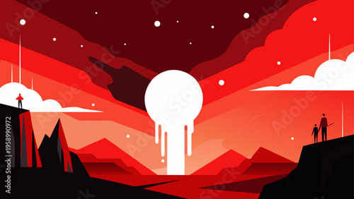 Dramatic alien landscape, futuristic scenery, red planet sunset, vector illustration