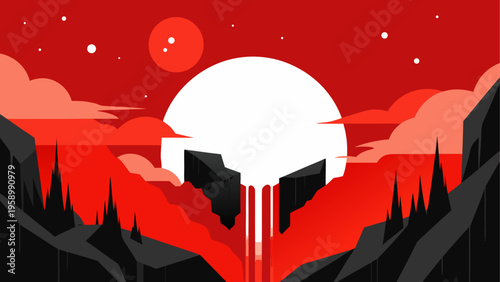 Dramatic fantasy landscape, red sunset, futuristic mountains, sci-fi scenery