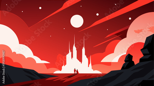 Fantasy castle landscape, futuristic scenery, red planet background, sci-fi illustration