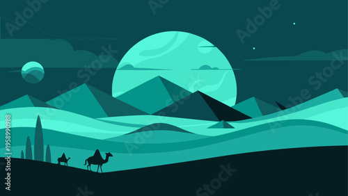 Teal desert landscape, camel caravan, mountain range, futuristic illustration