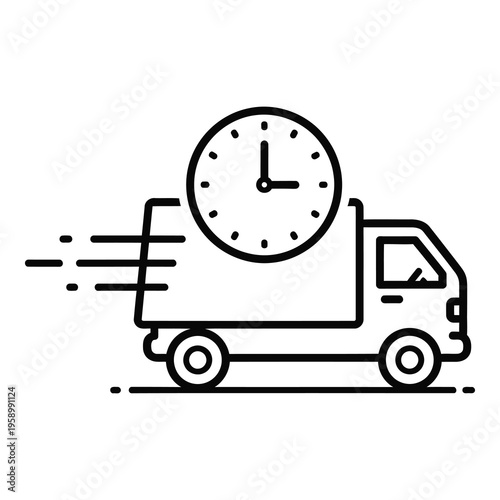 Fast delivery truck with clock on side speeding along road icon
