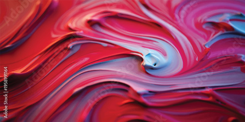 Red abstract silk background featuring a flowing liquid texture with wavy metallic curves and a swirl of paint design in a dark crimson color