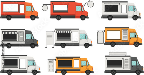 Food truck collection with different street food vans and mobile cafe designs, urban fast food service flat vector illustration set for business design