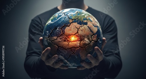 A person holding a cracked and burning Earth globe with concern