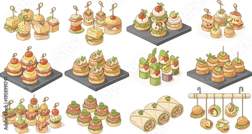 Gourmet canapes and finger food set with sandwiches rolls and appetizers, catering buffet snacks flat vector illustration collection for menu design