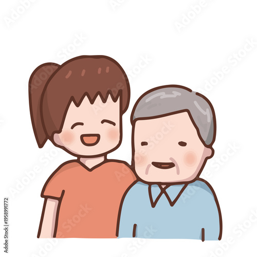 笑顔で寄り添うシニア男性とスクラブ姿の若い女性