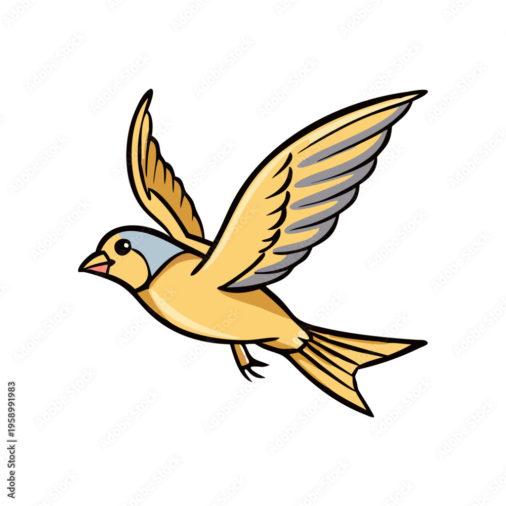 Fototapeta premium Vintage yellow bird vector illustration, flying sparrow with spread wings, retro hand drawn songbird mascot isolated on white background