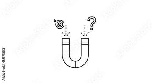 Magnet attracting target and question mark, concept of strategy, goals, and uncertainty
