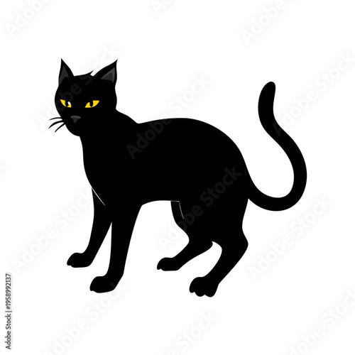 Black cat vector illustration with yellow eyes, mysterious feline silhouette standing on white background, spooky halloween kitten graphic