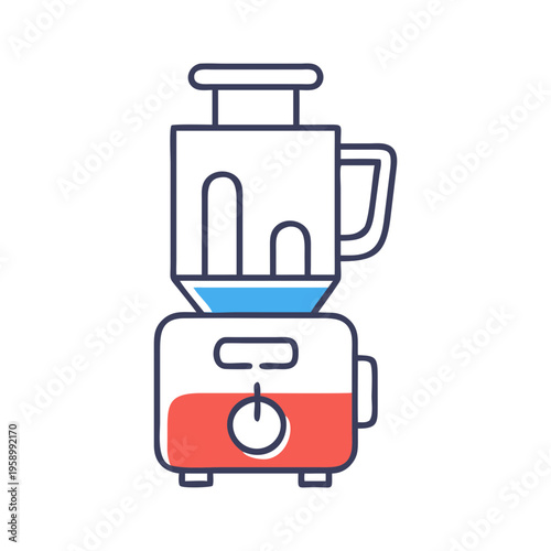 Modern kitchen blender icon, electric food processor vector illustration, minimalist smoothie maker appliance with red and blue accents
