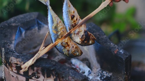 Grilling Fresh Fish Over Charcoal Fire with Hand Skills in Outdoor Setting, Showcasing Cooking Techniques and Flavorful Aroma of Barbecue