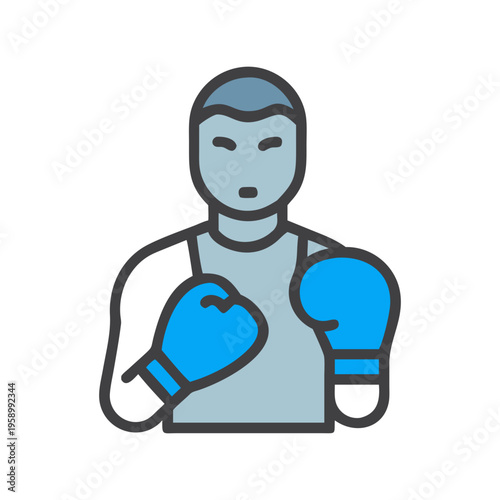 Professional boxer vector icon, male athlete with blue boxing gloves in fighting stance, flat line art character for sports and fitness apps