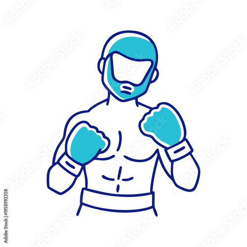 Professional boxer vector illustration, male fighter wearing protective headgear and boxing gloves, blue line art athlete for sports branding