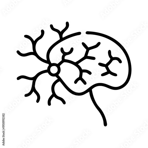Minimalist brain neuron icon vector, human mind and neural network symbol, black line art of cerebral cortex and nervous system, mental health concept