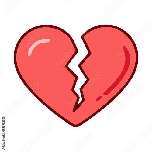 Broken heart vector illustration, red cracked heart symbol for heartbreak and divorce, flat cartoon style emotional icon on white background