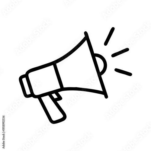 Minimalist megaphone icon vector, black line art loudspeaker symbol, digital marketing and announcement bullhorn graphic on white background