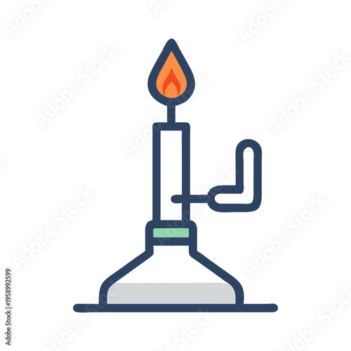 Bunsen burner line icon vector, laboratory gas burner with orange flame, scientific chemistry equipment for school and research experiments