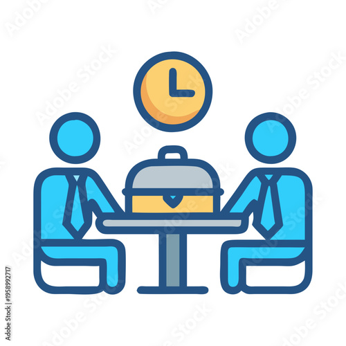 Business lunch meeting vector icon, professional colleagues dining at table with briefcase and clock, corporate lunch break concept illustration