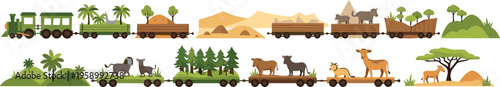 Safari train with animals set featuring desert forest and savanna scenes, wildlife transport flat vector illustration collection for kids design