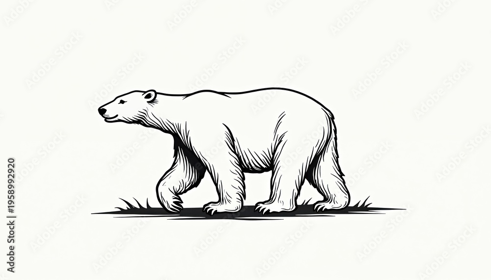 Fototapeta premium Black outline drawing of a polar bear walking on grass. Minimalist graphic art shows animal side profile. Simple visual illustration depicts arctic fauna. Bear figure for nature and wildlife themes.