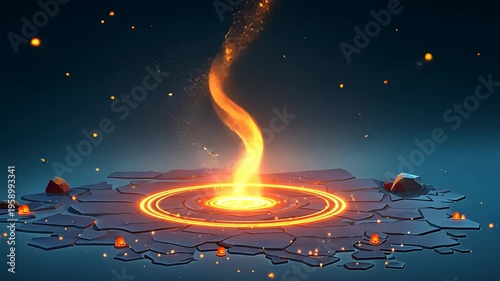 Vibrant orange flame rising from cracked earth.