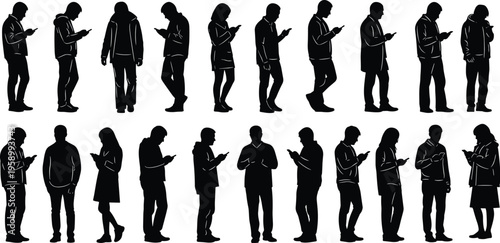 Black Silhouettes of People Standing and Using Smartphones Collection Isolated on White Background for Digital Communication and Modern Lifestyle Concept