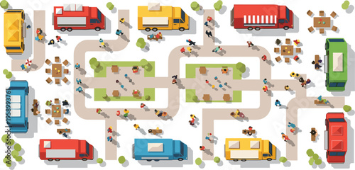 Warehouse logistics and delivery hub with trucks packages and workers, distribution center operations top view flat vector illustration collection
