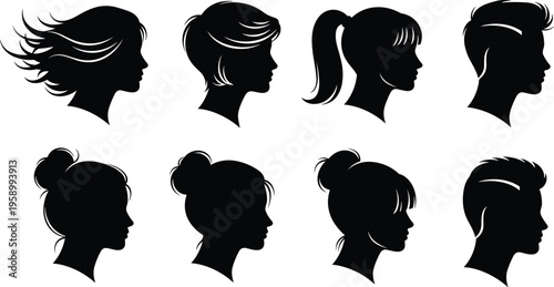 Set of black hair silhouettes, male and female head profile icons, collection of diverse hairstyles including buns, ponytails, and undercuts.