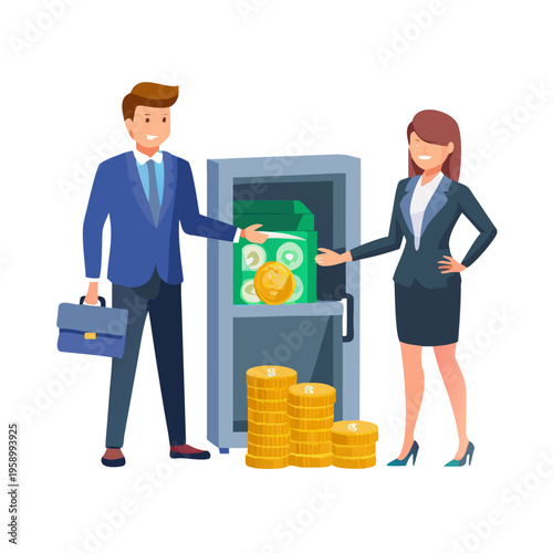Businessman and businesswoman standing next to an open safe filled with gold coins and cash, symbolizing financial security, savings, and wealth management. See Less
