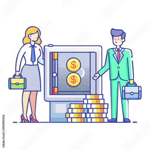 Businessman and businesswoman standing next to an open safe filled with gold coins and cash, symbolizing financial security, savings, and wealth management. See Less
