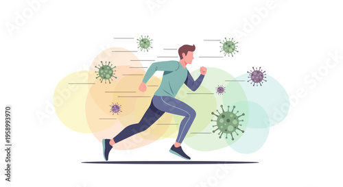 Man Running from Virus Germs Fast.