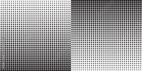 Square pixel halftone gradient texture. Fading checkered gradation wallpaper. Vector repeated raster effect overlay. Abstract vanishing comic pop art backdrop. Black and white squared dot background