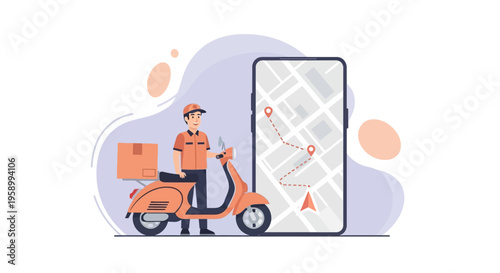 Delivery man on orange scooter.
