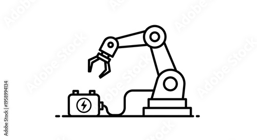 Industrial Robot Arm with Power Supply Icon, Automation and Technology Concept