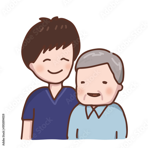 笑顔で寄り添うシニア男性とスクラブ姿の若い男性