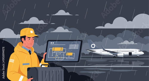 Airport technician in yellow jacket monitors tablet during heavy rain.
