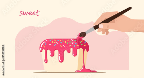 Hand decorating a sweet cake with pink frosting and sprinkles, close-up