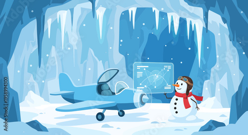 Blue Airplane and Snowman in Icy Cave.