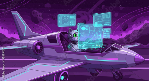 Cartoon Cat Pilot Flying Futuristic Jet with Holographic Displays.