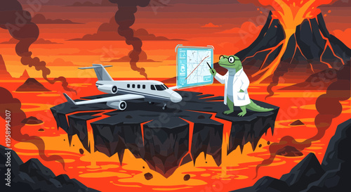 Cartoon Dinosaur Scientist With Jet Plane On Floating Island.