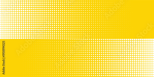 Yellow square pixel halftone gradient texture. Fading checkered gradation wallpaper. Bright squared dot background. Abstract vanishing comic pop art backdrop. Vector repeated raster effect overlay