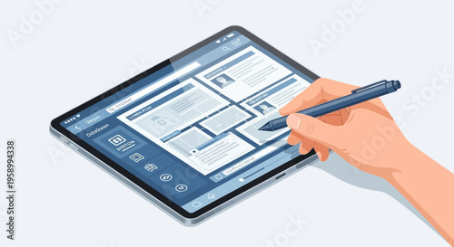 Hand using stylus on tablet screen displaying web design interface, isometric view