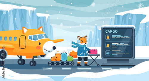 Cute cartoon fox character loading cargo onto an airplane.