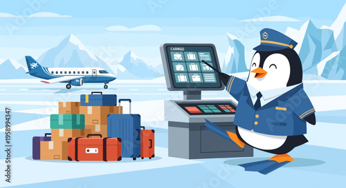 Cute cartoon penguin pilot at airport with luggage.
