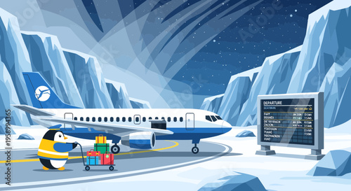 Cute Penguin Character with Luggage and Airplane at Airport.