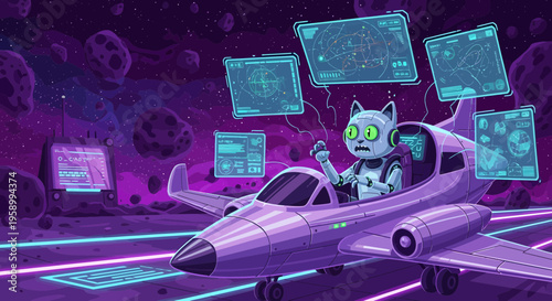 Cute robot cat piloting a futuristic spaceship in outer space.