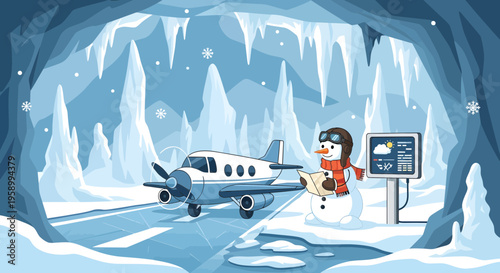 Cute Snowman Pilot Ready for Snowy Aviation Adventure.