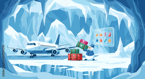 Cute snowman with luggage and airplane in icy landscape.