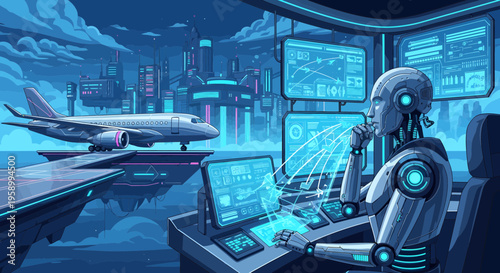 Futuristic Robot Pilot Controlling Advanced Aircraft Operations.